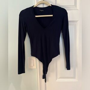 Naked Wardrobe Navy Blue Plunge Neck Long Sleeve Bodysuit